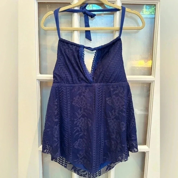 Becca Rebecca Virtue Navy Crochet Halter Top Swimsuit Tankini Size 0X 14/16 - Picture 1 of 10